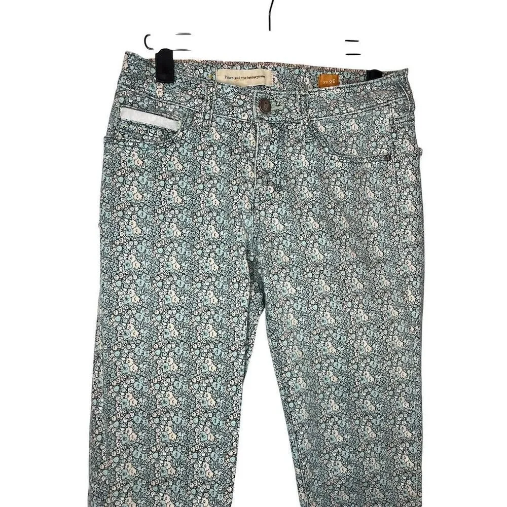 PILCRO & THE LETTER PRESS X ANTHROPOLOGIE BLUE‎ FLORAL PRINT CROPPED JEANS
